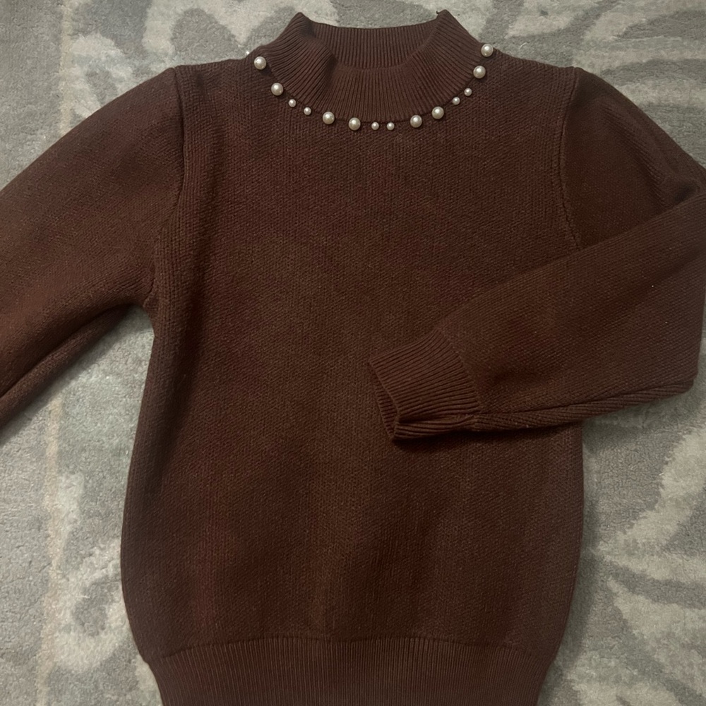 Toddler Girl Brown Sweater with Pearl Accents